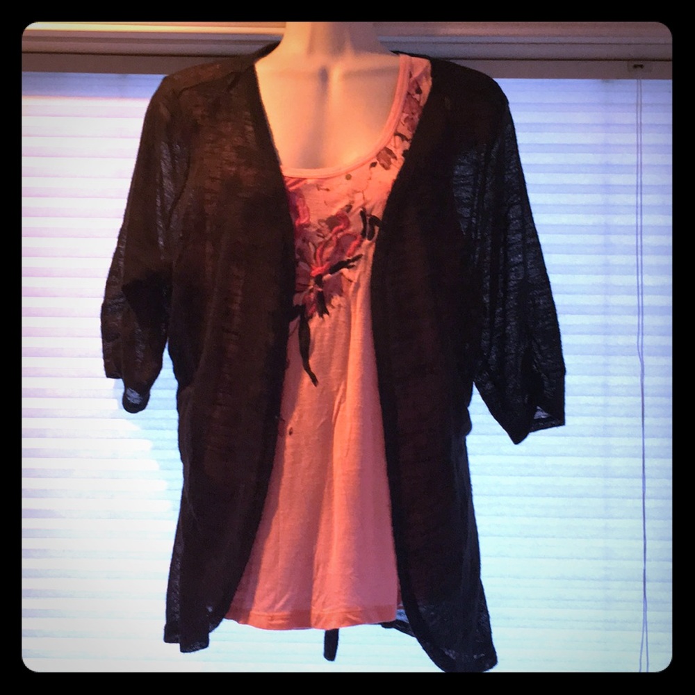 Black linen poly blend short sleeve cardigan sz L